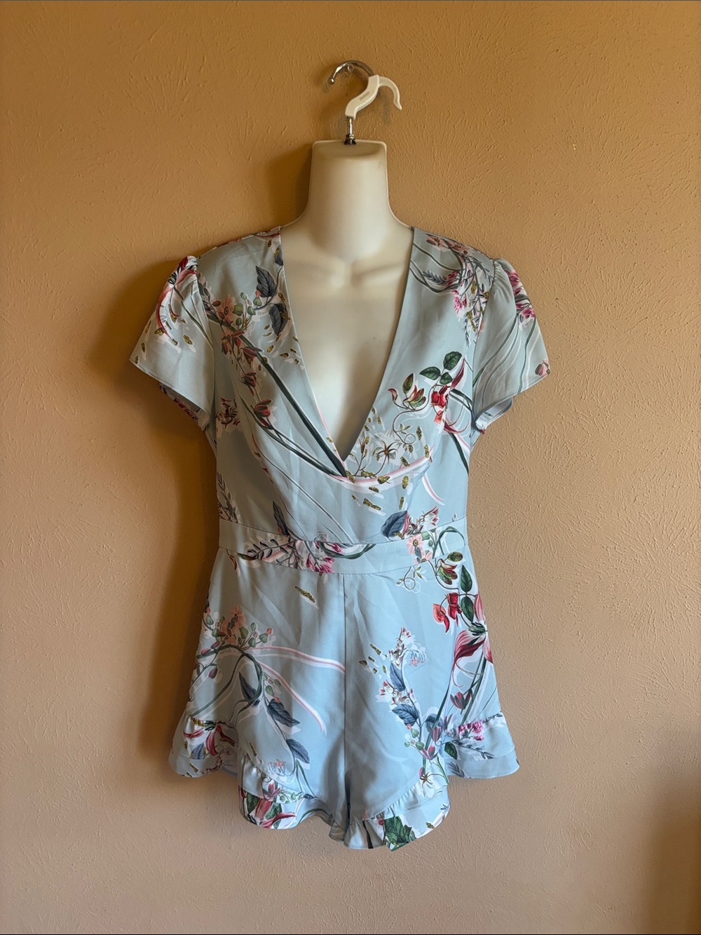 Bebe Light Blue Floral Wrap Romper 8